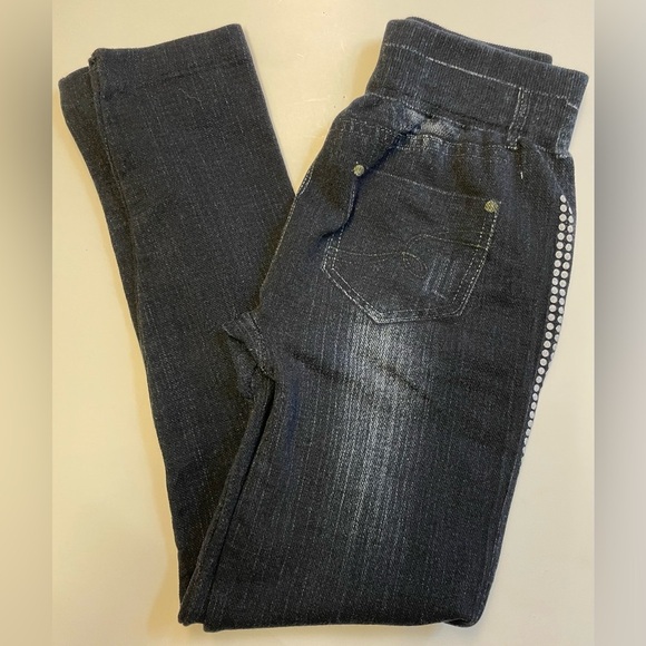 Stretchy faux jeans jeggings w printed faux pockets rhinestones buttons size XS - Picture 6 of 9
